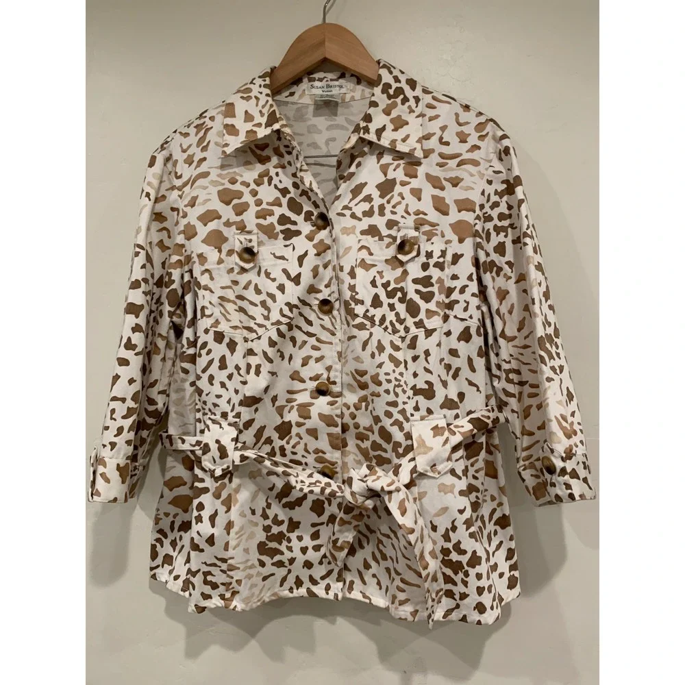 Susan Bristol Vtg Animal Print Safari Jacket Giraffe Leopard Belted Utility sz18